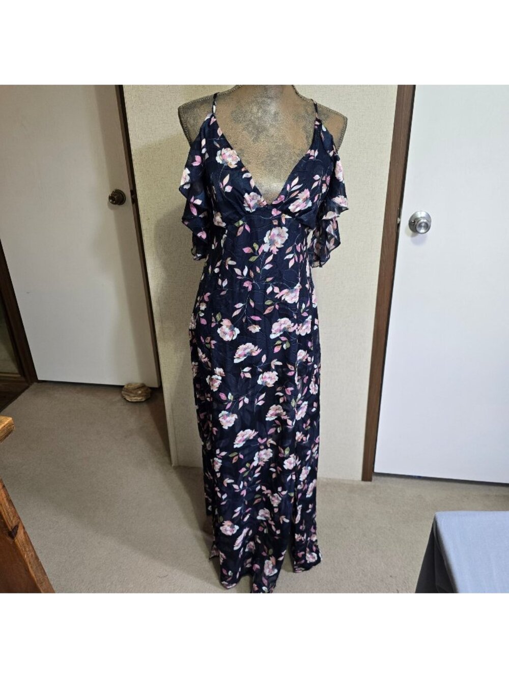 Lulus Small Maxi Dress Navy Floral Ruffle Sleeveless Open Back